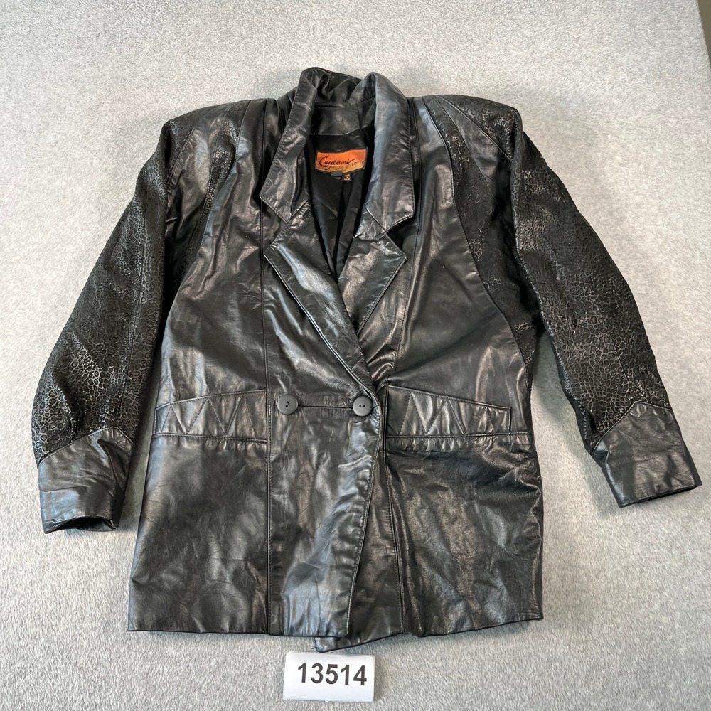 Cayenne Leather Jacket Women Medium Black Excellent Vintage Animal Print USA